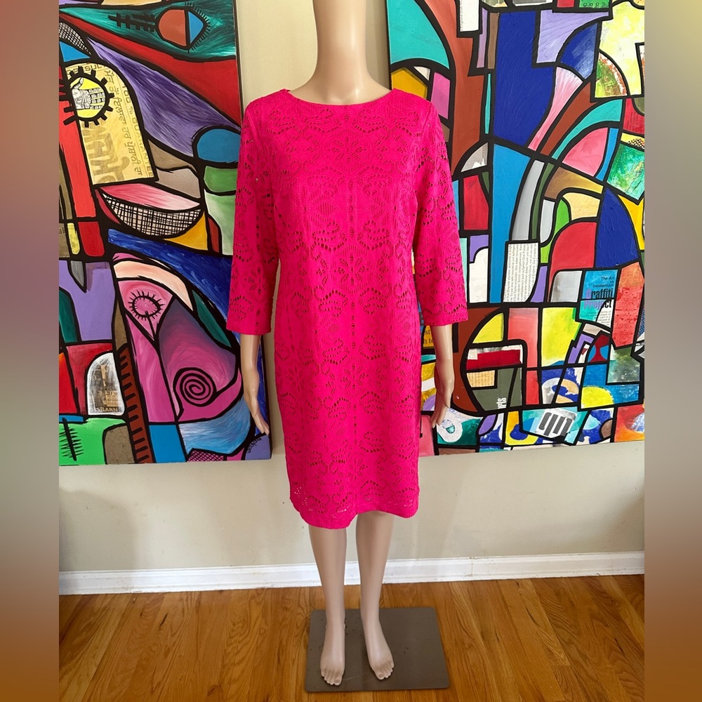CHICO'S Europa Pink Lace Overlay Lined Shift Dress 3/4 Sleeves Size 0 (S/4)